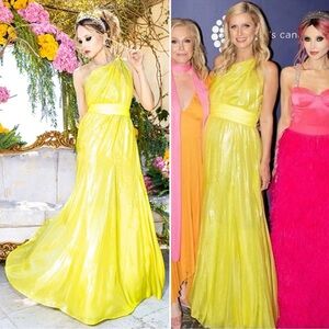 Alice & Olivia Milan One-Shoulder Gathered Metallic Gown in Lemon Sorbet - 4